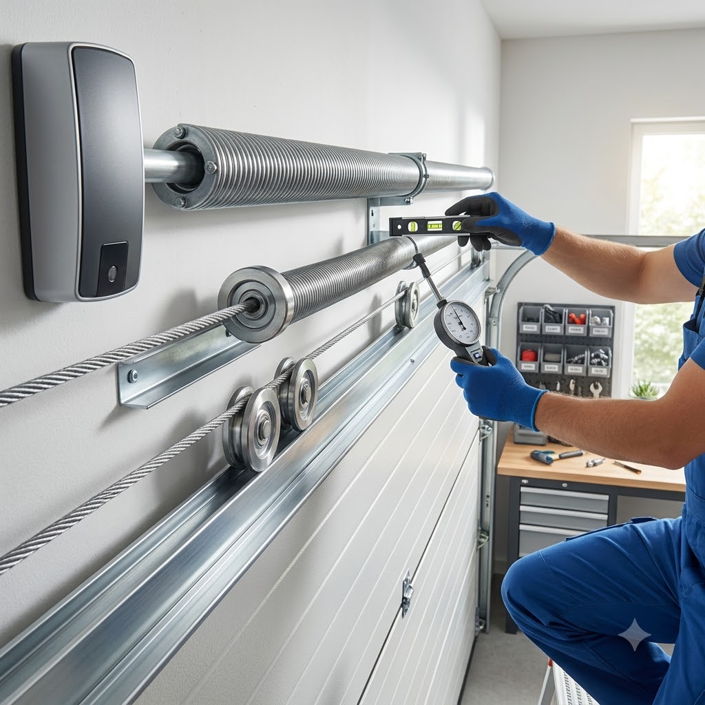 Technician adjusting garage door spring tension for balance