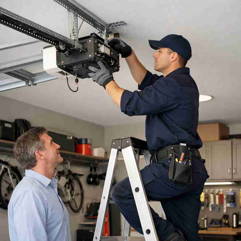Technician replacing a garage door opener motor unit