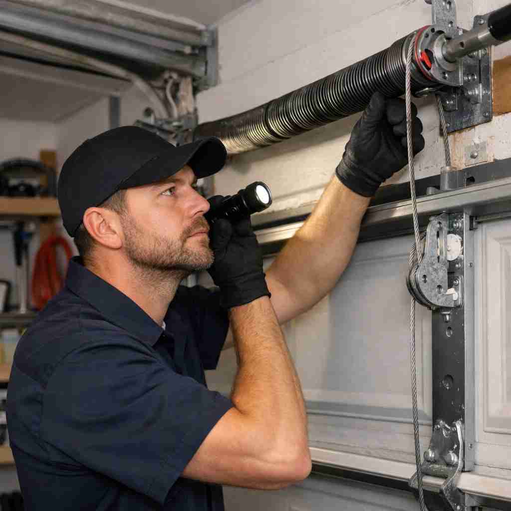 Man inspecting garage door mechanism