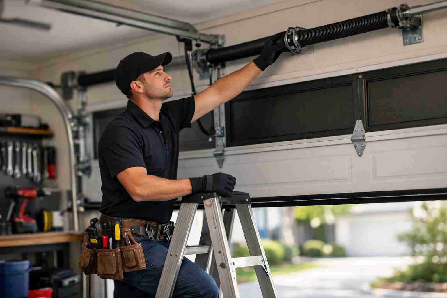 Technician repairing garage door mechanism